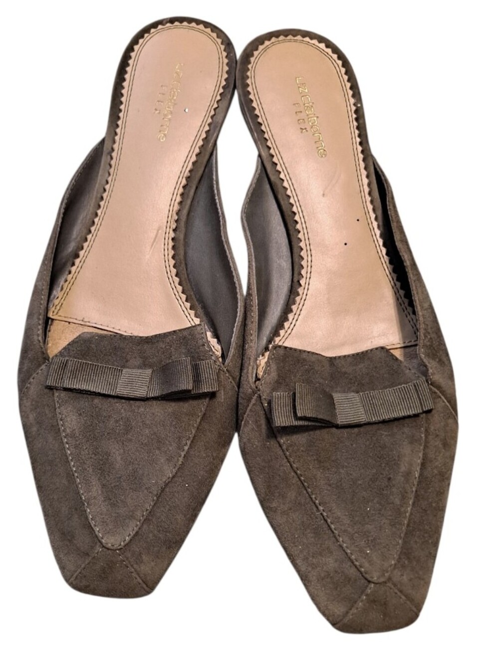 Liz Claiborne Dark Olive Green Suede Pointed Bow Backless Flats